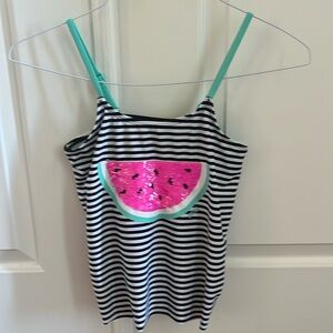 Justice Black/White stripes Flip Sequined Watermelon Swim Top